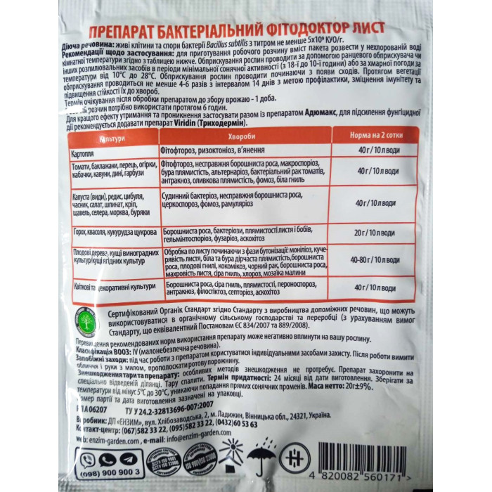 Біофунгіцид Фітодоктор ЛИСТ 20 г Enzim Biotech